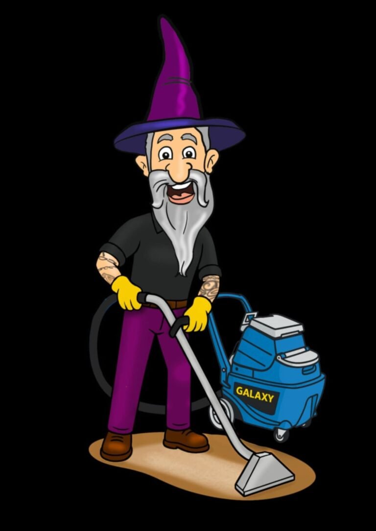 Merlin the wizard with a carpet cleaning machine